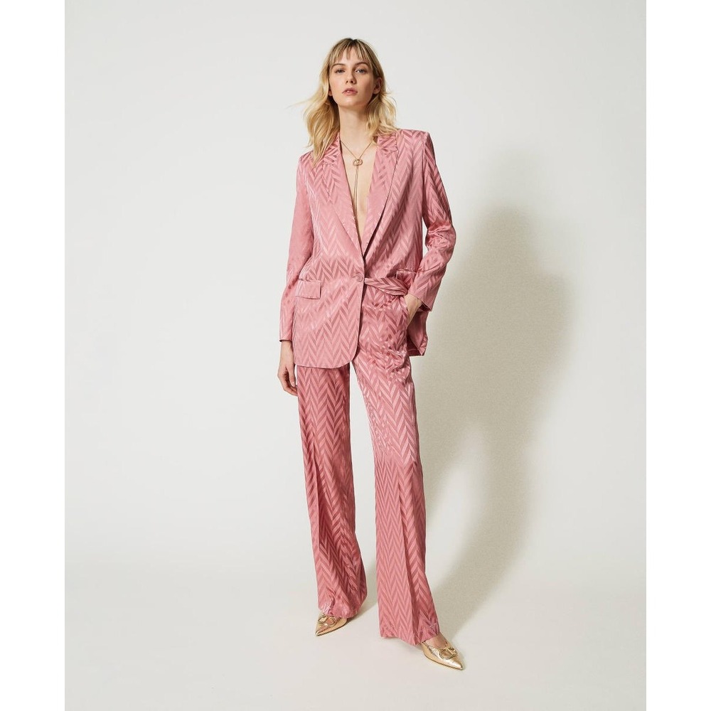 Twinset Milano Satin 2 Piece Suit Pink Chevron Blazer Wide Leg Pants IT 40